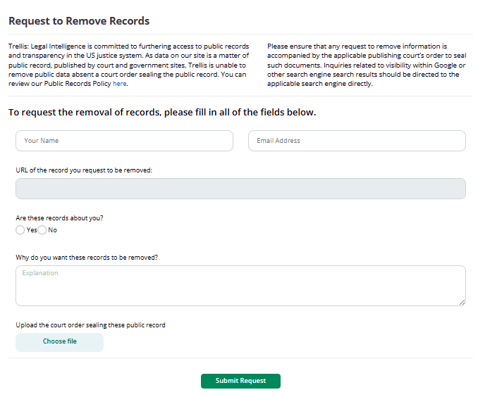 trellis record redaction request removal page